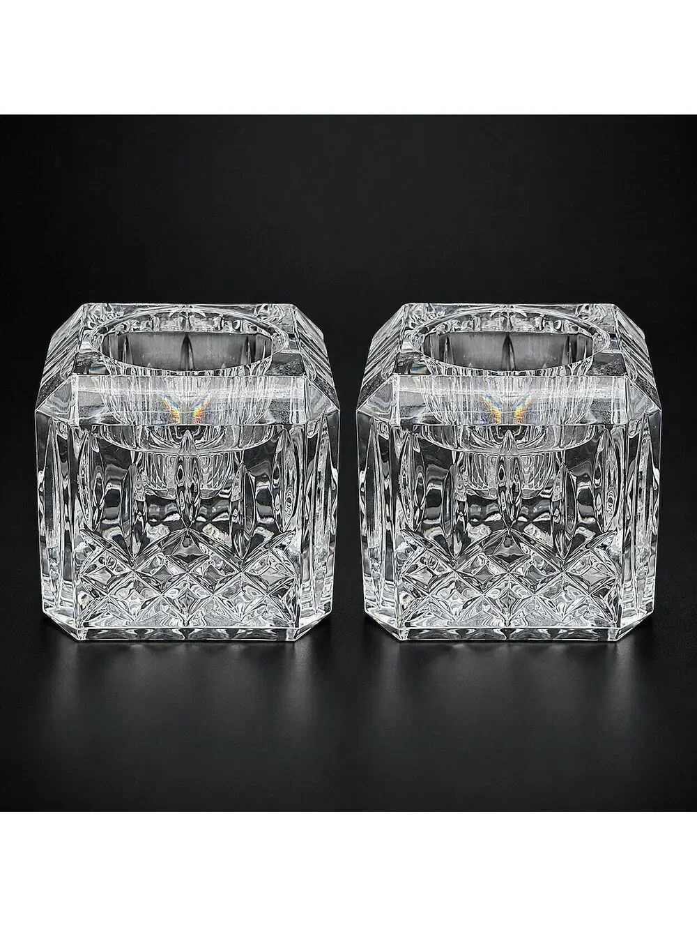Set of 2 Vintage Waterford Crystal Square Votive Candle Holders Cut Glass 3